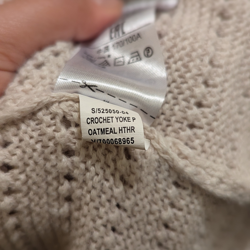 GAP Crochet Yoke Pattern Oatmeal Heather Cotton Knit Long Sleeve Sweater Top- L - Picture 11 of 11